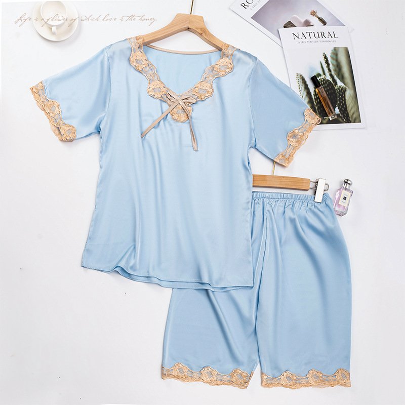 Talia Pajama Set in Light Blue — silky satin lace-trim short set