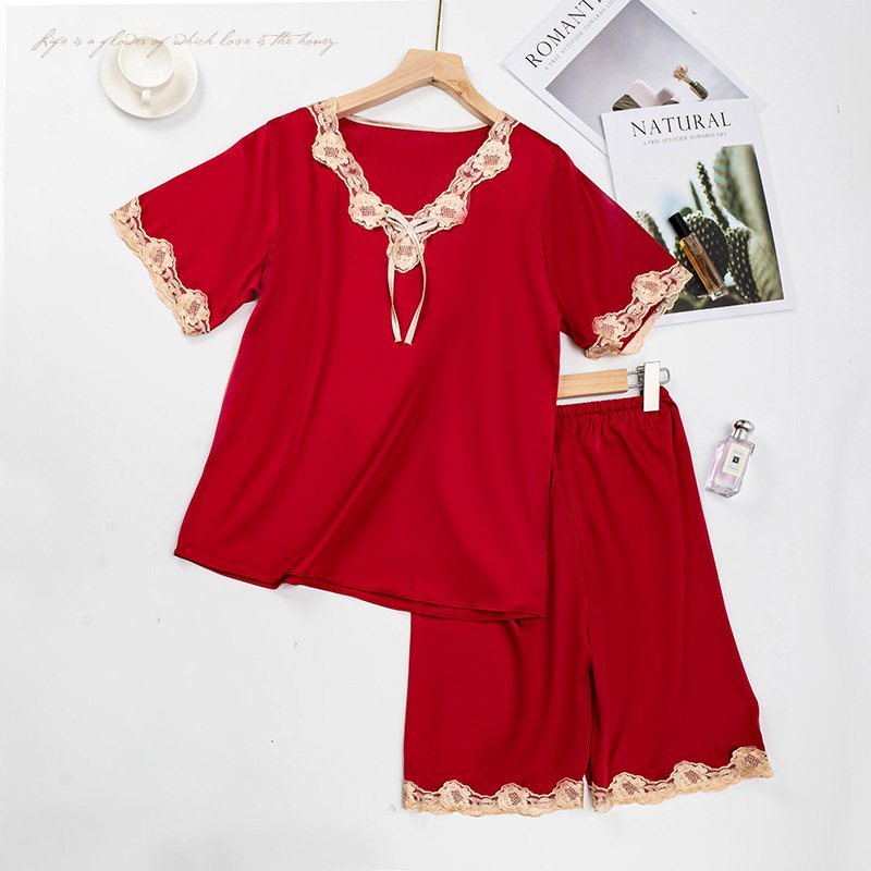 Talia Pajama Set in Red — silky satin lace-trim short set