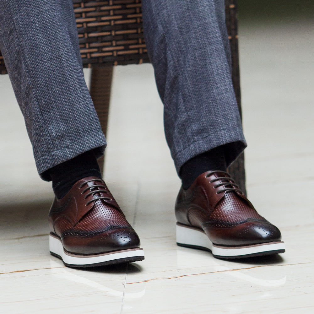Jasper Woven Brogues in Dark Brown — worn with denim