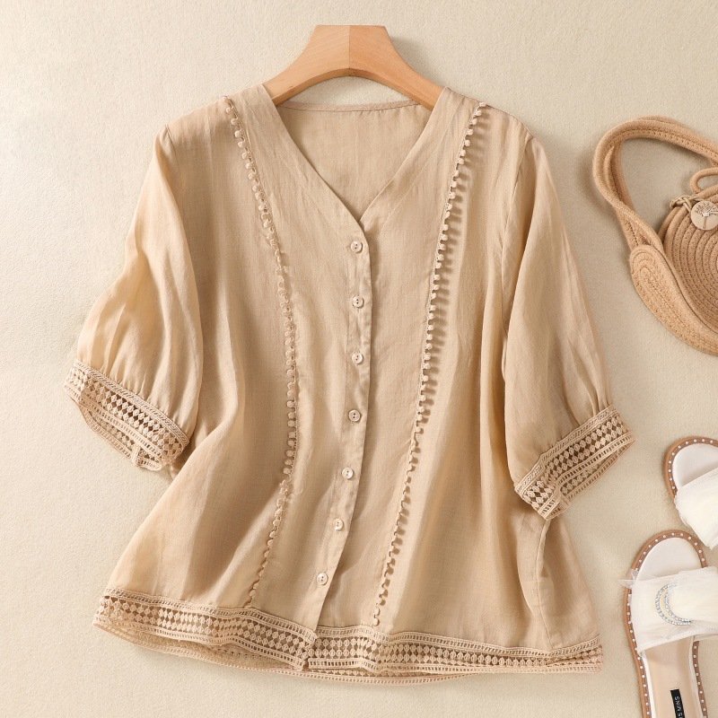 Marguerite Linen Blouse in Khaki — Women's V-neck crochet-trim linen blouse