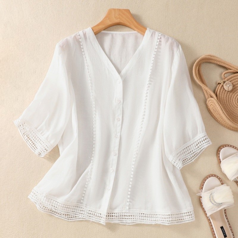 Marguerite Linen Blouse in White — Women's V-neck crochet-trim linen blouse