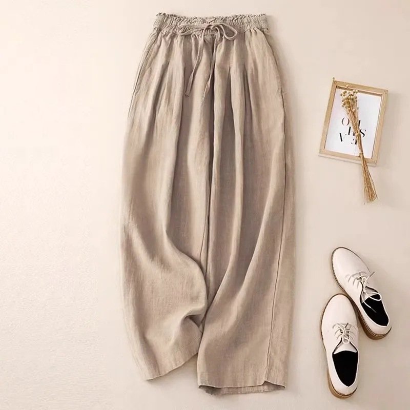 Eleonora Linen Pants in Beige — Women's wide-leg drawstring linen pants