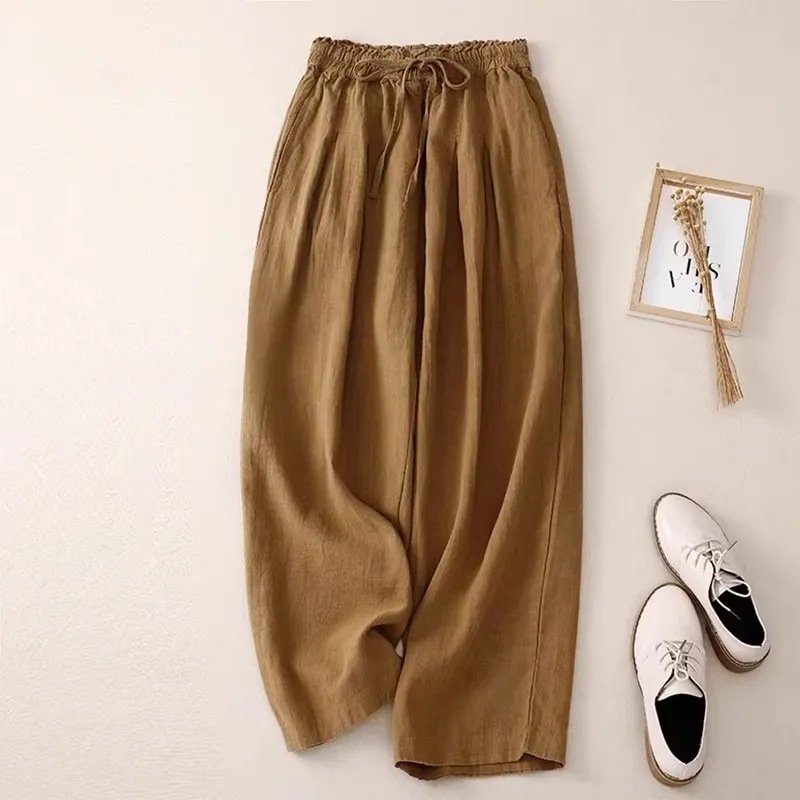 Eleonora Linen Pants in Khaki — Women's wide-leg drawstring linen pants