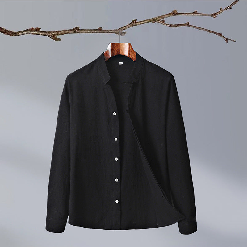 Niccolo Linen Shirt in Black — gossamer linen with laydown collar and button-up design