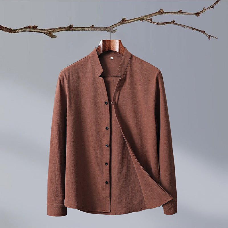 Niccolo Linen Shirt in Brown — gossamer linen with laydown collar and button-up design