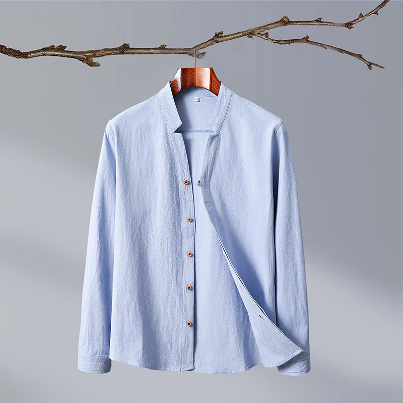Niccolo Linen Shirt in Light Blue — gossamer linen with laydown collar and button-up design