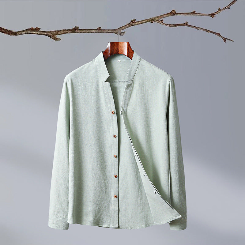 Niccolo Linen Shirt in Sage — gossamer linen with laydown collar and button-up design