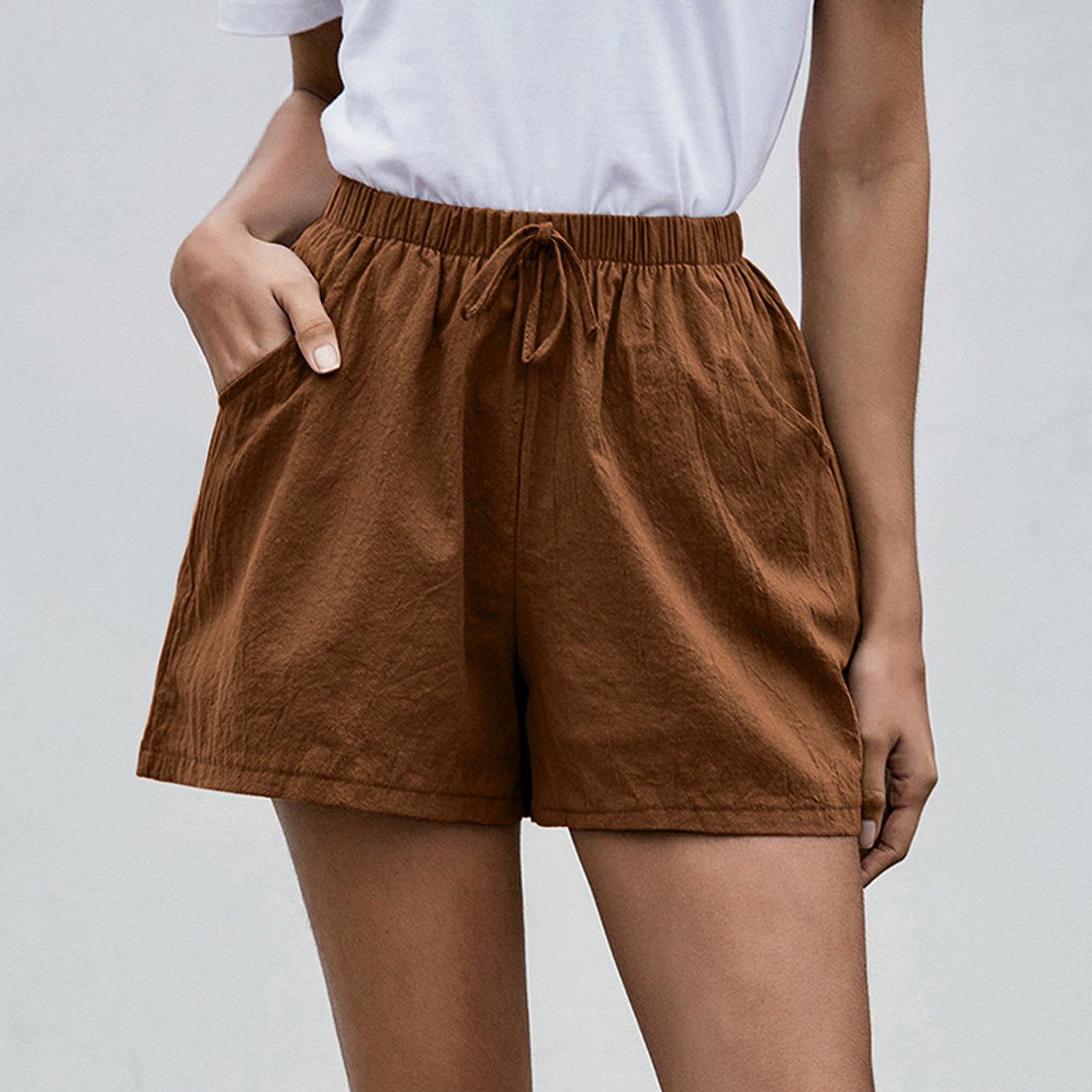 Adelaide Linen Shorts in Brown — Women's drawstring linen summer shorts