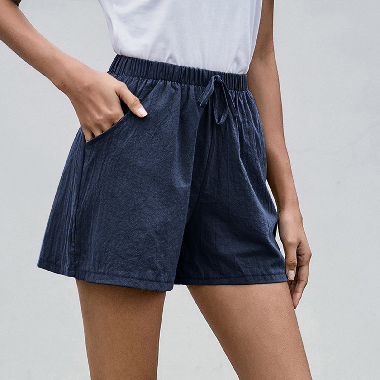 Adelaide Linen Shorts in Navy Blue — Women's drawstring linen summer shorts