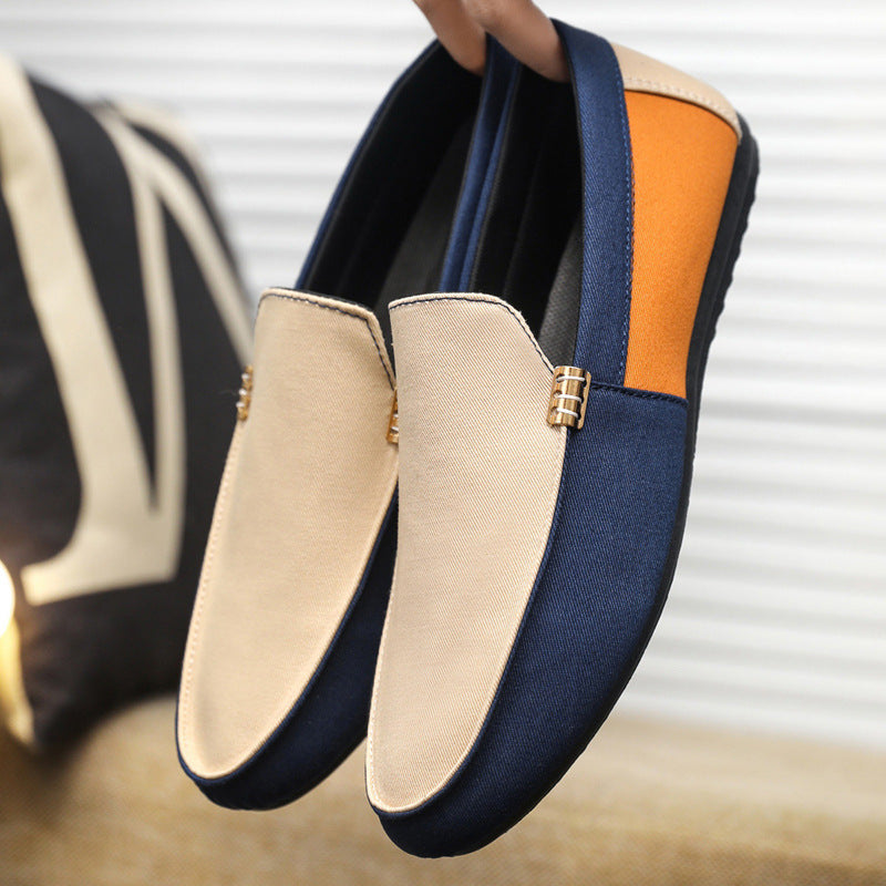 Enzo Canvas Loafers in Beige — colorblock slip-on driving loafer