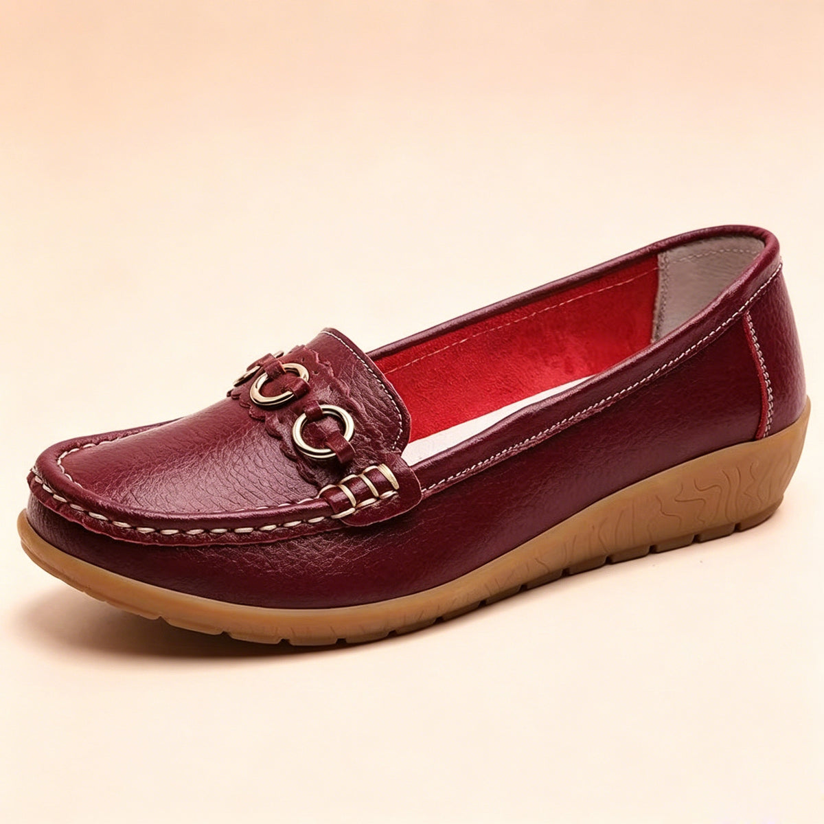 Nella Wedge Loafers in Burgundy — side view of the leather upper and low wedge sole