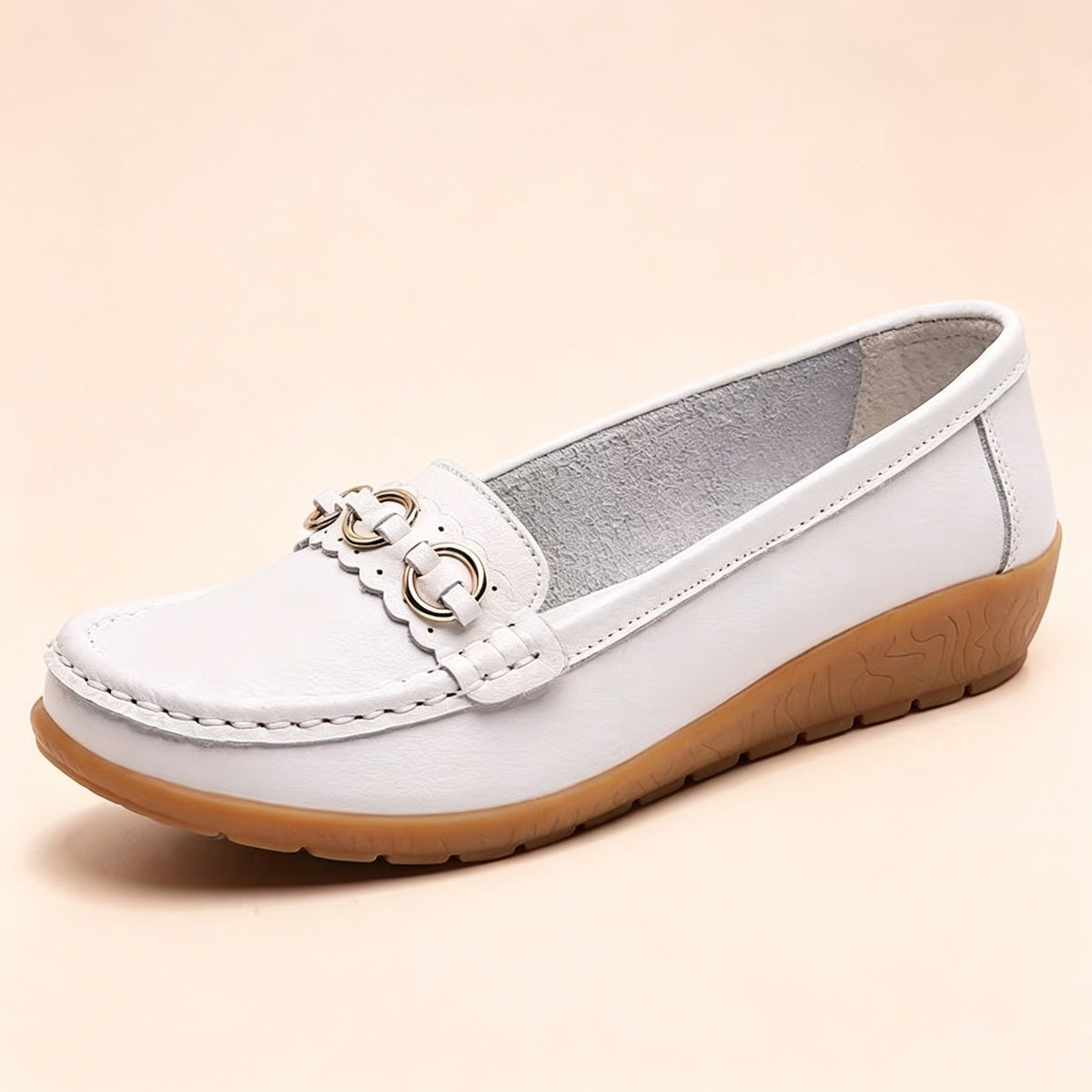 Nella Wedge Loafers in White — side view of the leather upper and low wedge sole