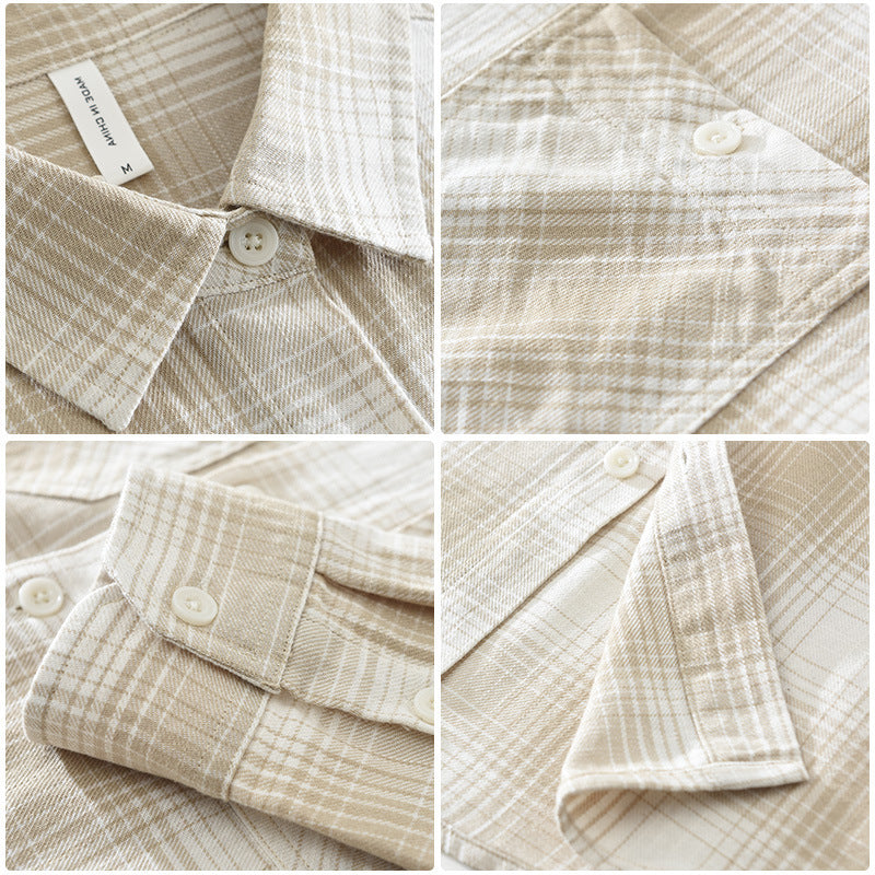 Silas Plaid Shirt in Beige — soft brushed cotton button-up with chest pockets