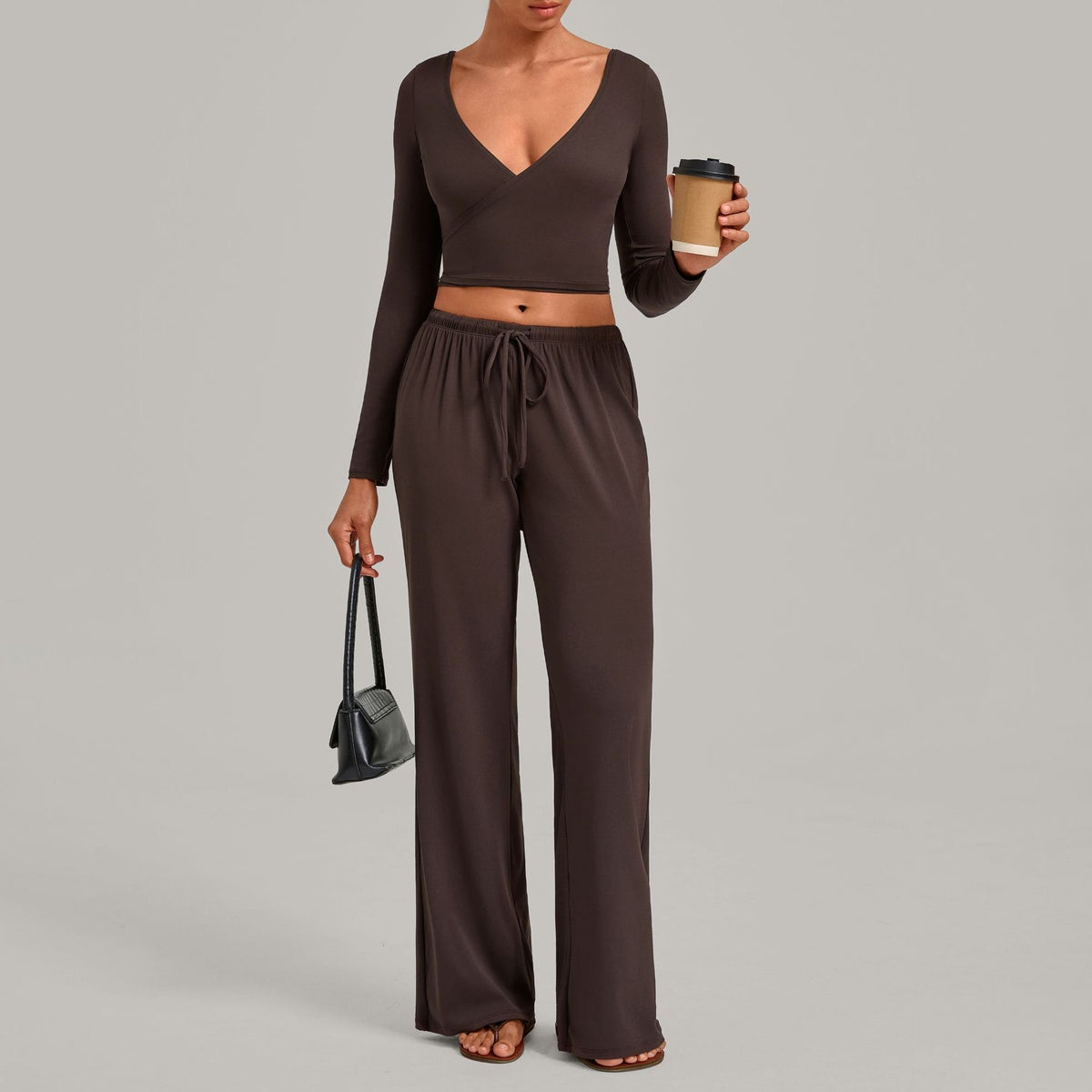 Julia Active Set in Dark Brown — cropped long-sleeve wrap top with matching wide-leg drawstring pants