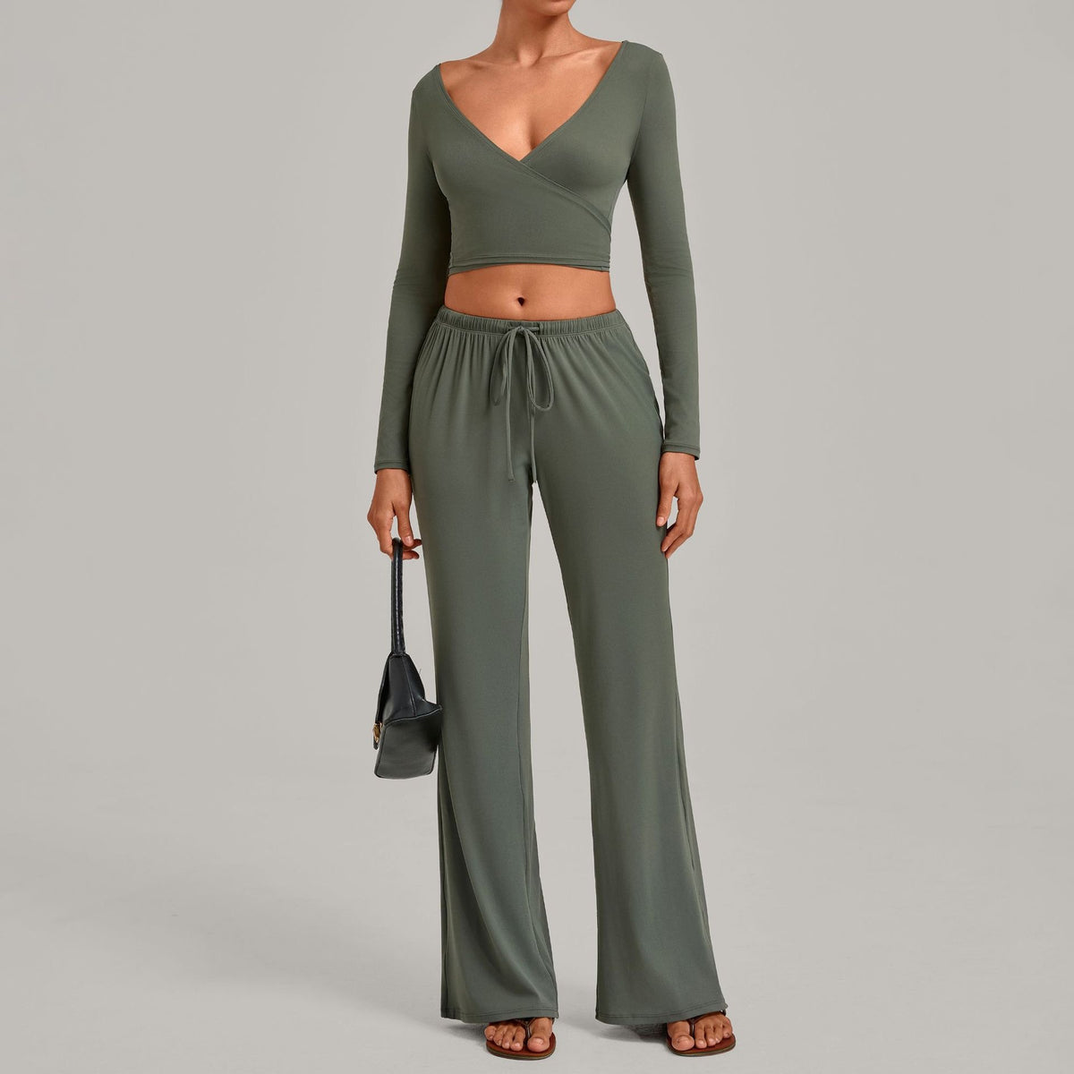 Julia Active Set in Olive — cropped long-sleeve wrap top with matching wide-leg drawstring pants