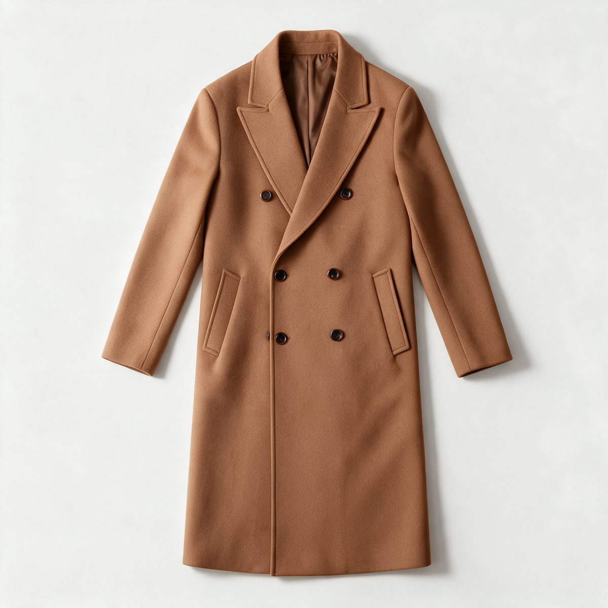 Nolan Longline Overcoat in Light Brown — front studio view