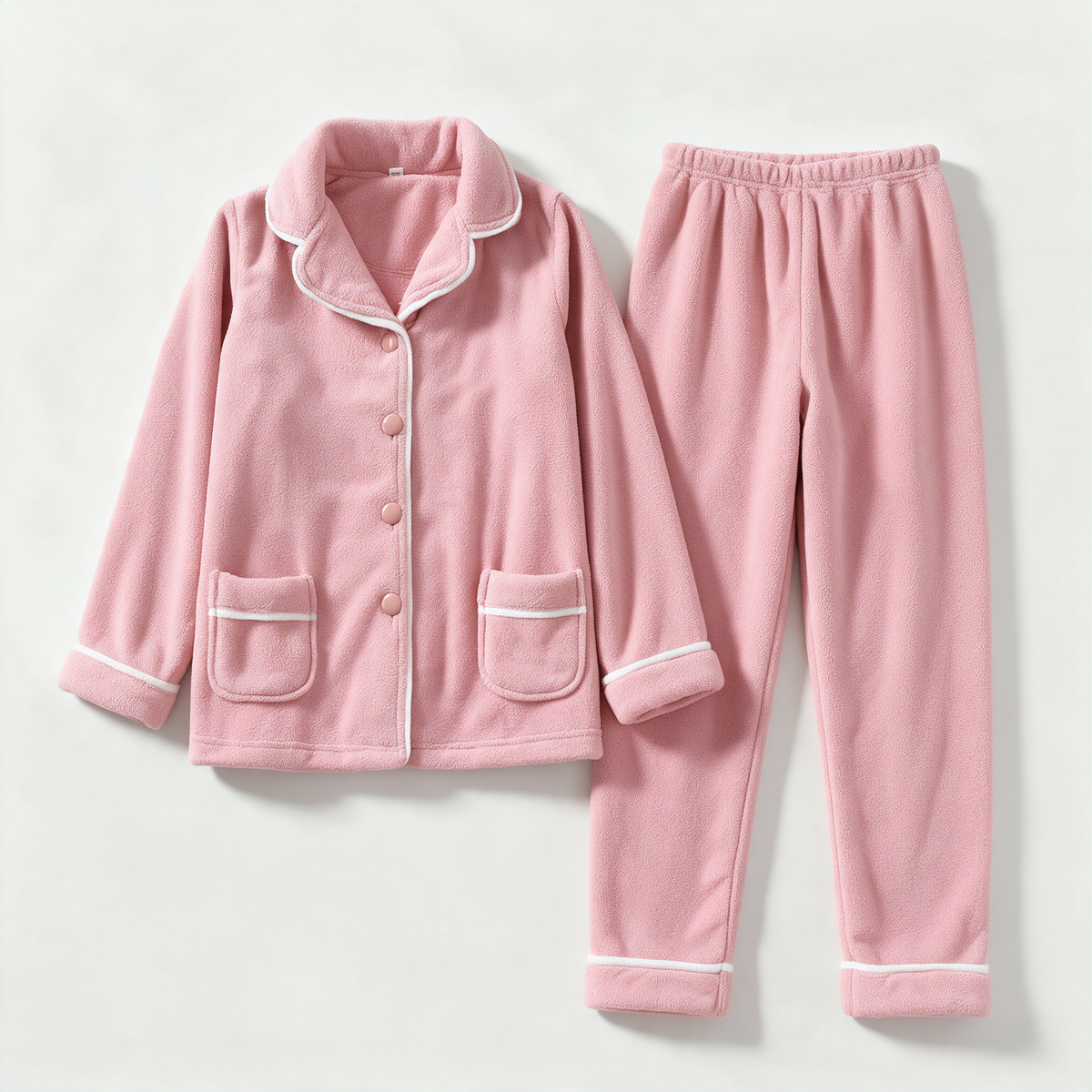 Freya Pajama Set in Pink — plush fleece button-front top and matching pants