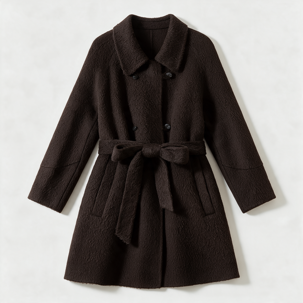 Audrey Belted Coat in Dark Brown — wool-blend boucle midi coat with a self-tie waist belt