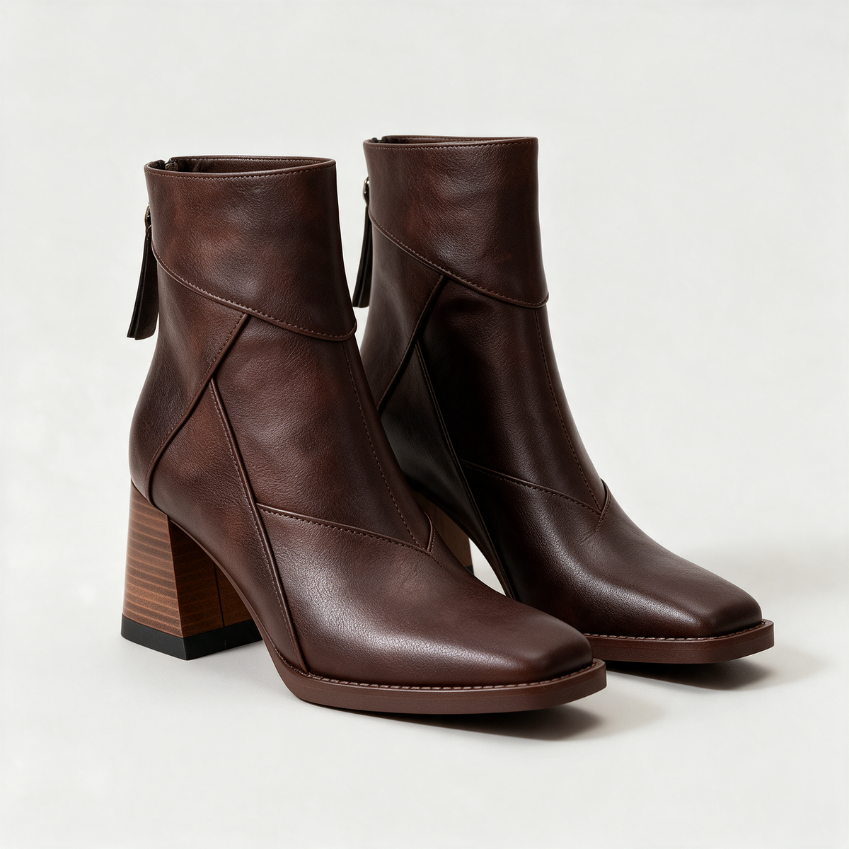 Noemie Square Boots in Dark Brown — smooth leather square-toe ankle boot with a stacked block heel