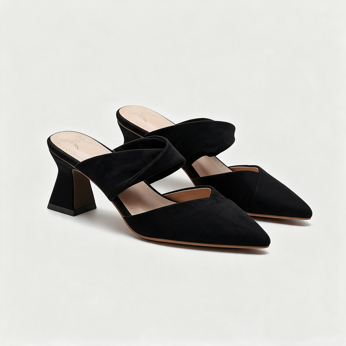 Thea Knotted Mules in Black — studio pair view