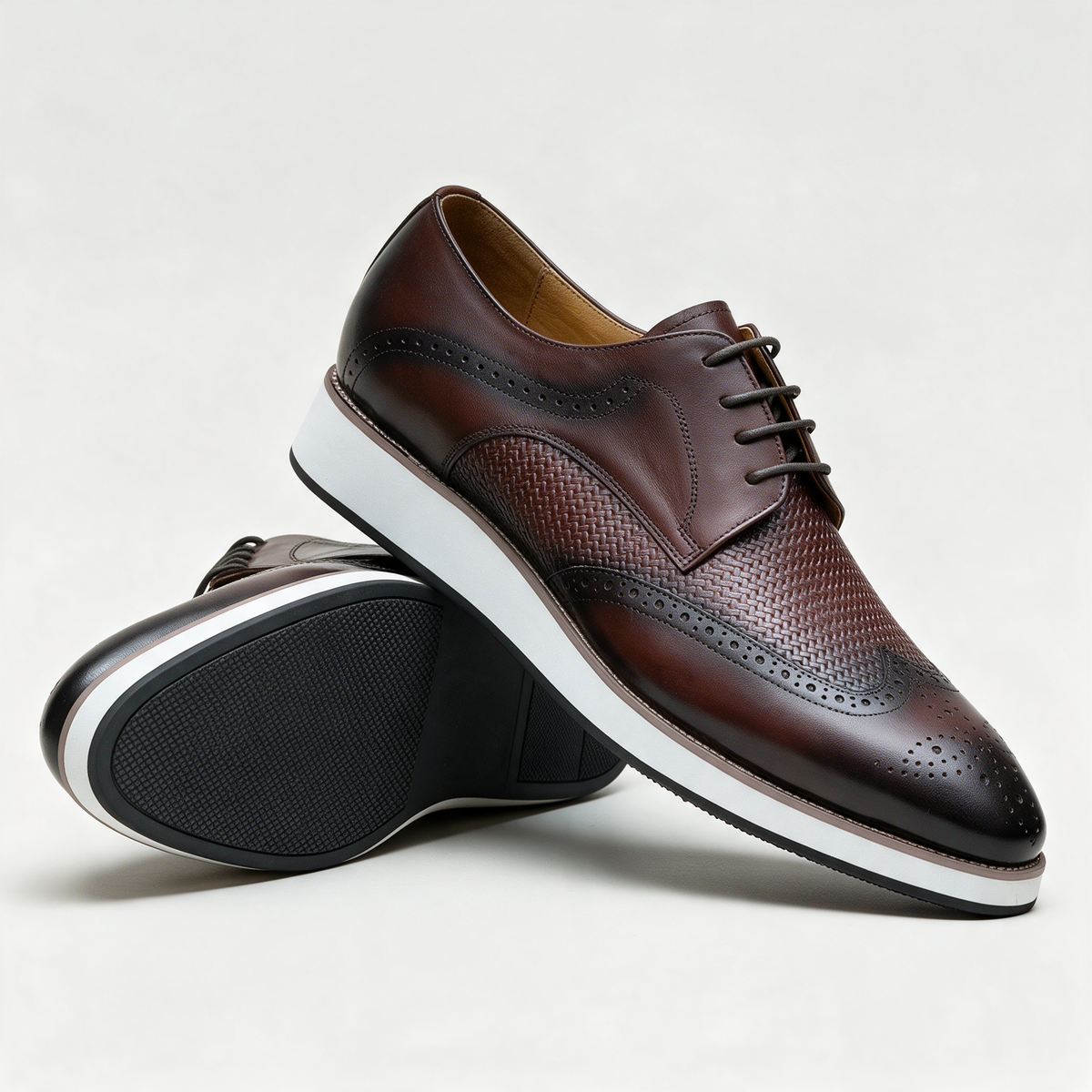 Jasper Woven Brogues in Dark Brown — front view with sole detail