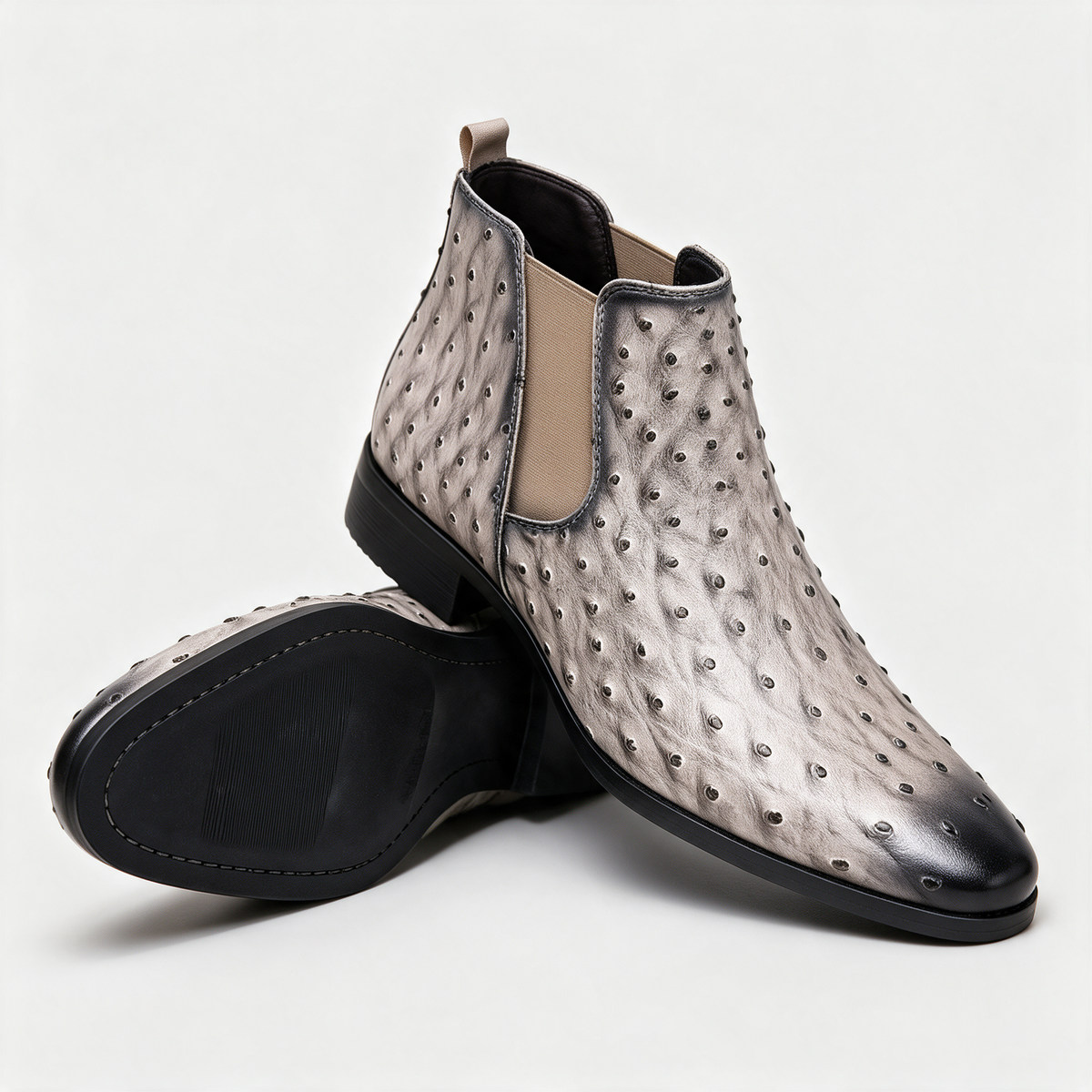 Grant Chelsea Boots in Gray — ostrich-textured leather Chelsea boots with elastic sides