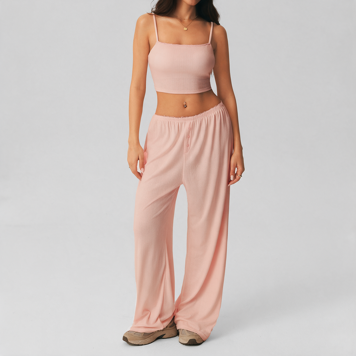 Kate Pajama Set in Light Pink — lace-trim square-neck cami with button-front wide-leg pants