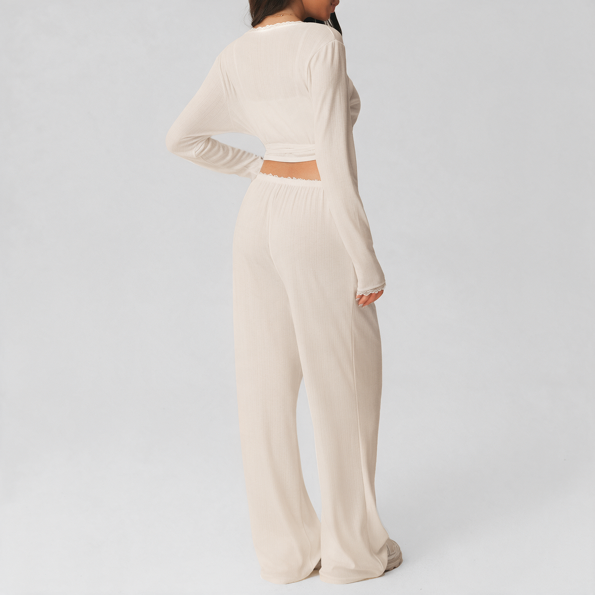 Kate Pajama Set in Cream — back view of the cropped tie-front shrug and wide-leg pants
