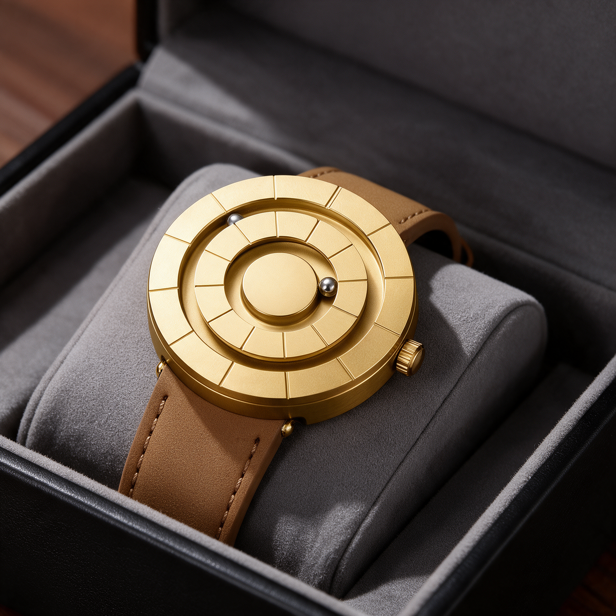 Dom Orbit Watch in Gold — magnetic watch with a domed dial and two orbiting spheres
