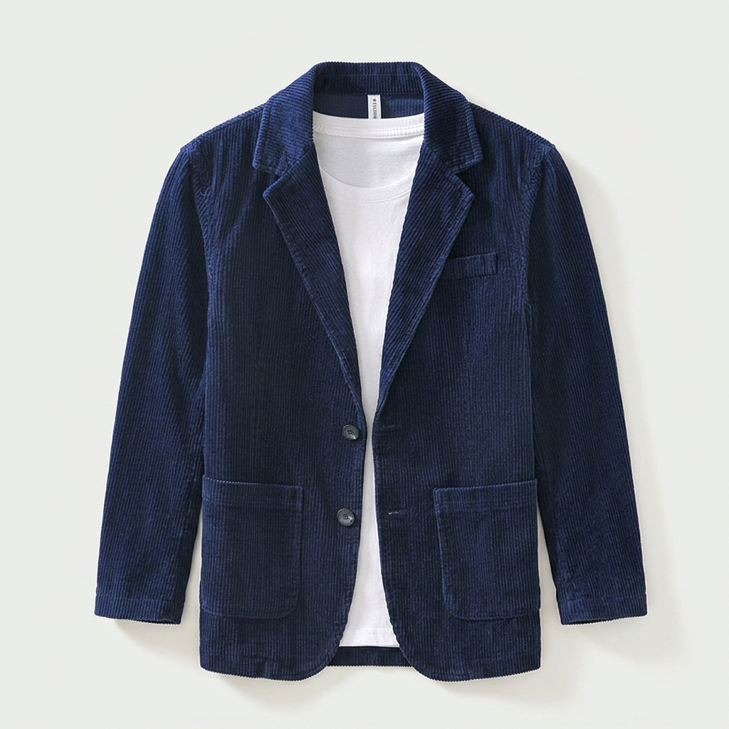 Soren Corduroy Blazer in Navy Blue — men's wale corduroy blazer with notched lapel, front flat lay