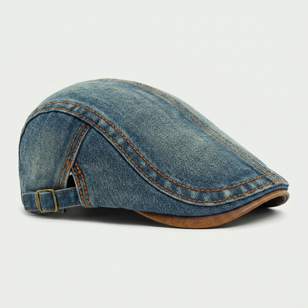 Fenwick Denim Cap — men's washed-denim newsboy flat cap