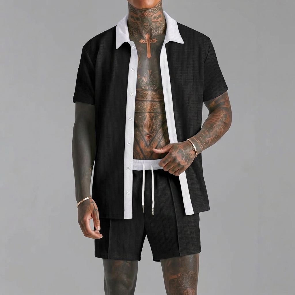 Cabo Summer Set in black, front view, men's cotton shirt and shorts set