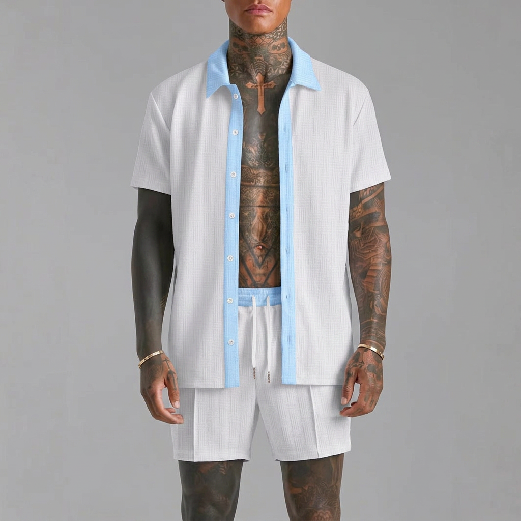 Cabo Summer Set in white, front view, men's short sleeve shirt and shorts co-ord