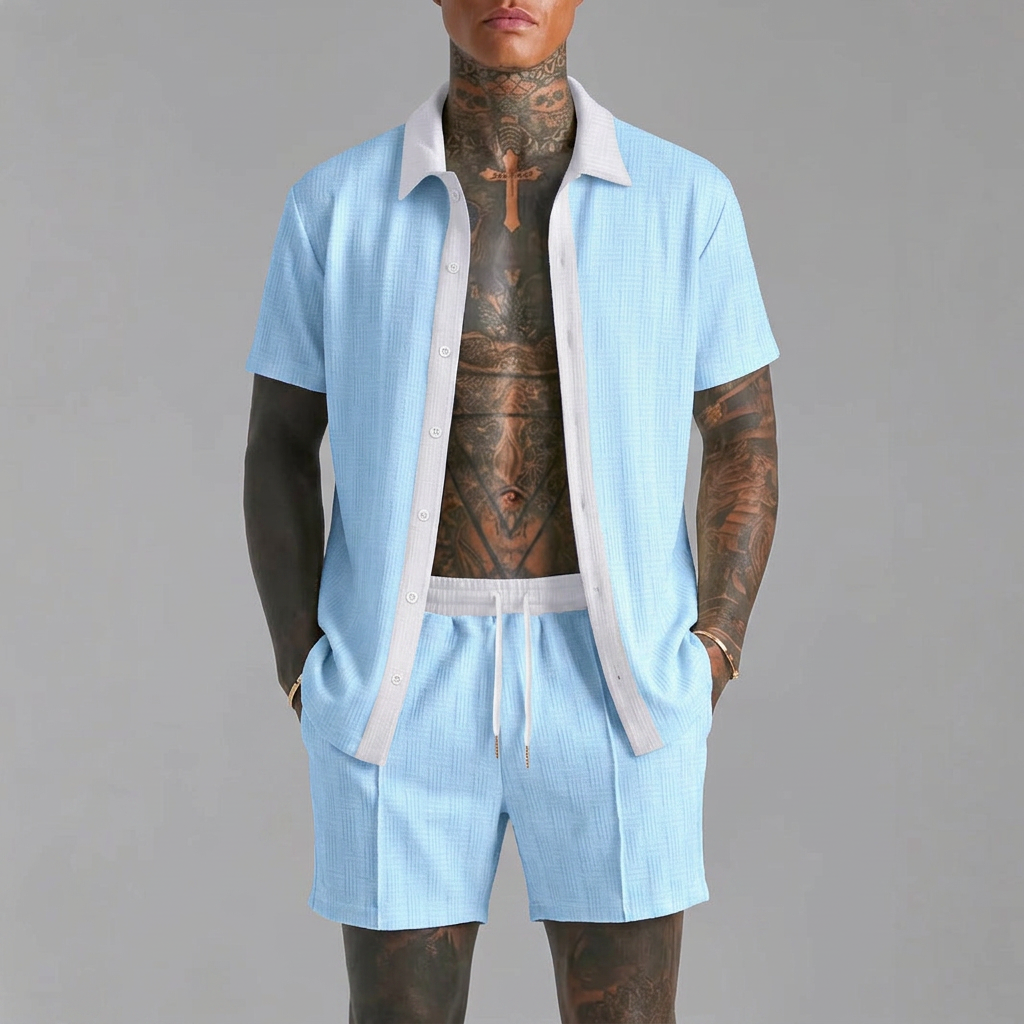 Cabo Summer Set in light blue, front view, men's short sleeve shirt and shorts co-ord