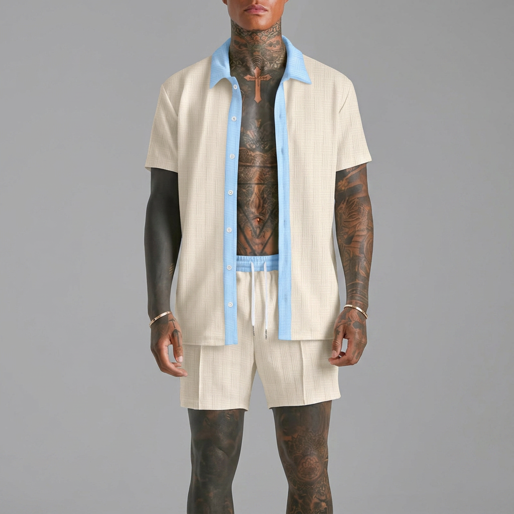 Cabo Summer Set in cream, front view, men's short sleeve shirt and shorts co-ord