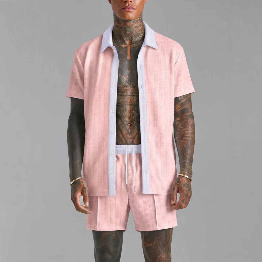 Cabo Summer Set in pink, front view, men's cotton shirt and shorts set