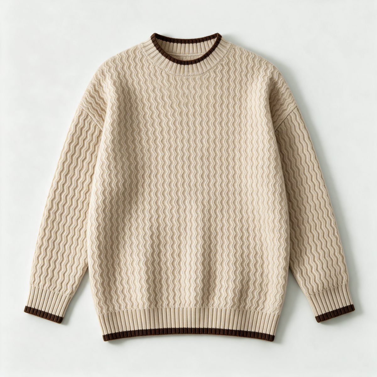 Hudson Knit Sweater in Beige — textured wavy knit crewneck sweater