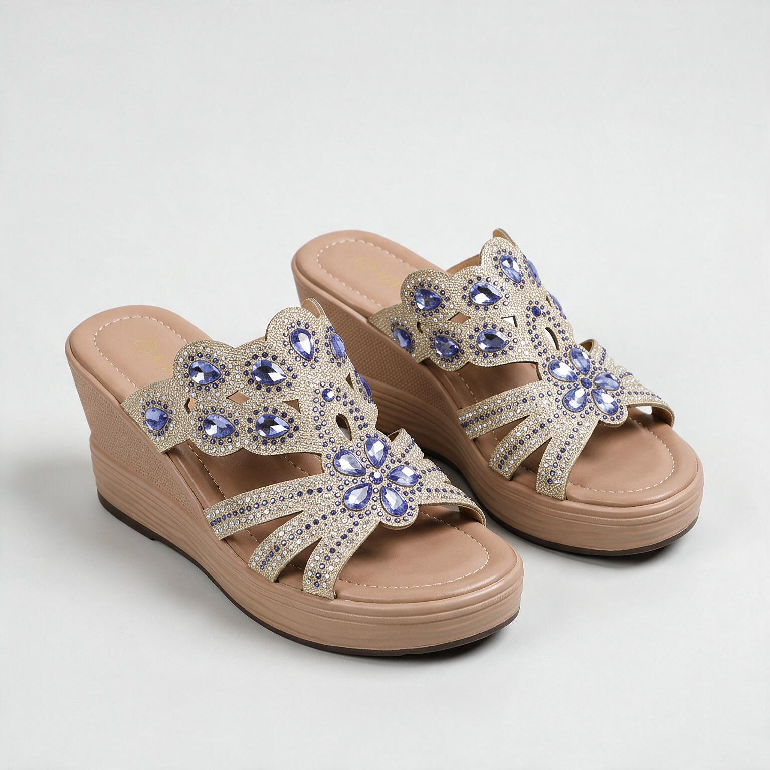 Livia Crystal Sandals — women's rhinestone wedge slide with jeweled floral centerpiece