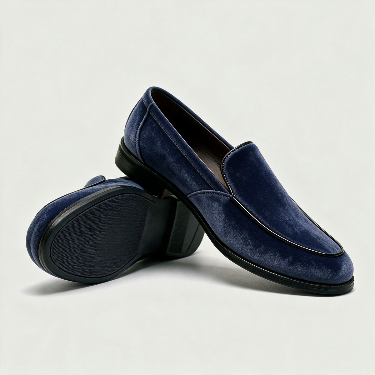 Rafael Venetian Loafers in Navy Blue — plush velvet venetian slip-on loafer with piped trim and rubber sole