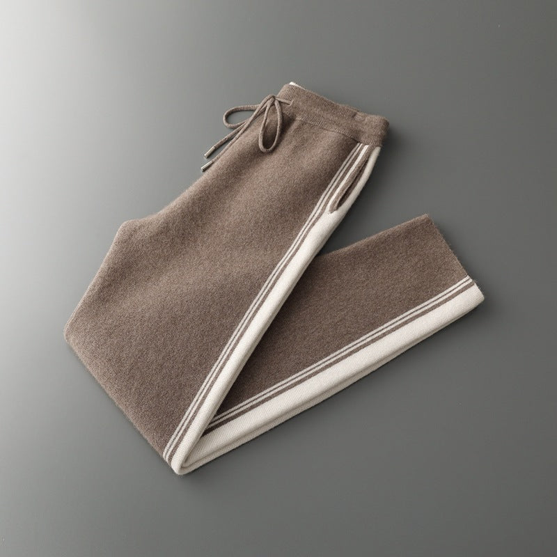 Celeste Cashmere Joggers in Brown — women's cashmere side-stripe joggers
