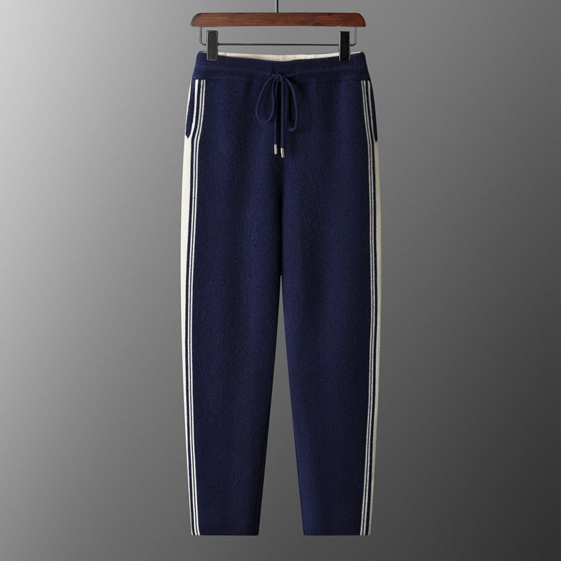 Celeste Cashmere Joggers in Navy Blue — women's cashmere side-stripe joggers