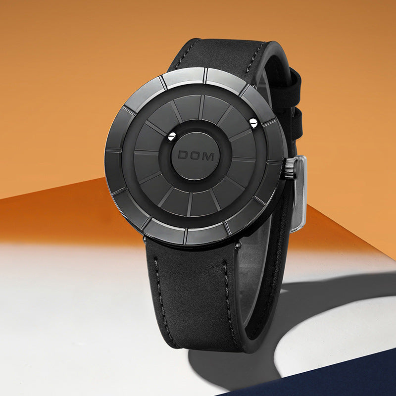 Dom Orbit Watch in Black — angled view showing the domed dial and leather strap