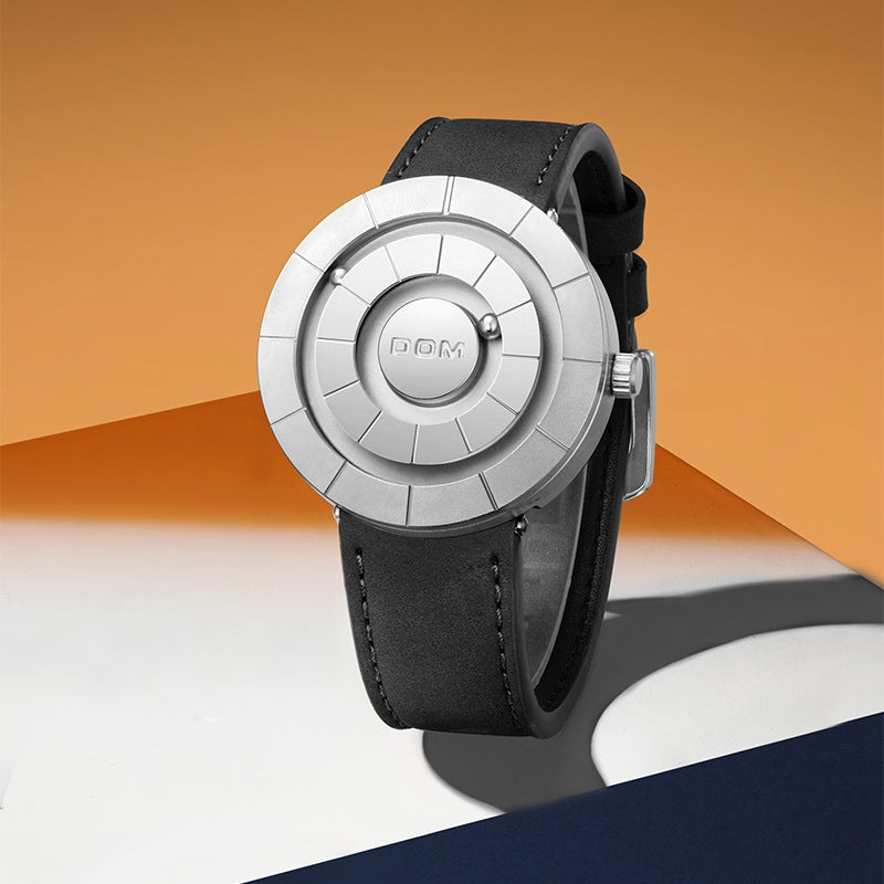 Dom Orbit Watch in Silver — angled view of the brushed case and etched markers
