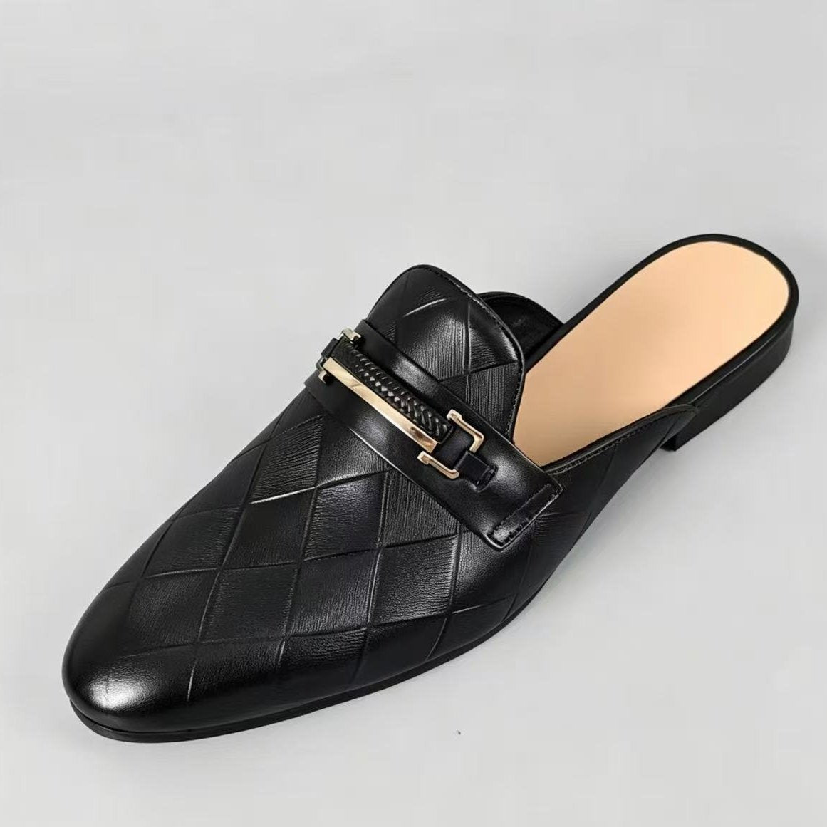 Fabio Leather Mules in Black — embossed leather backless mule with gold horsebit bar