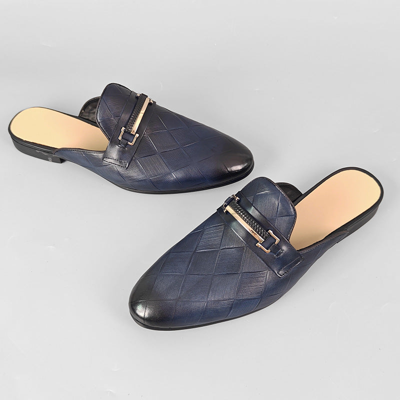 Fabio Leather Mules in Navy Blue — embossed leather backless mule, side profile