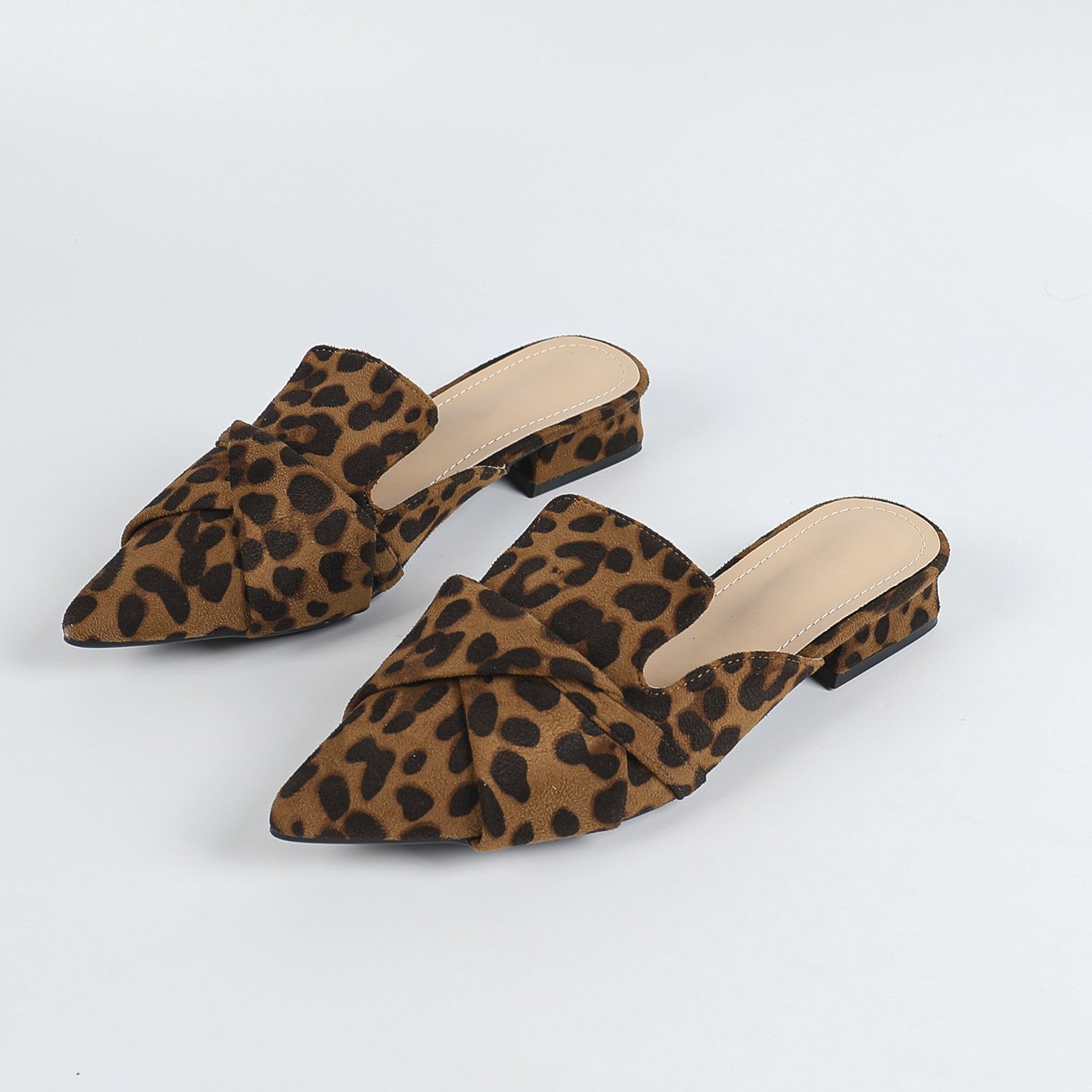 Alexis Leopard Mules in Brown — pleated toe detail close-up
