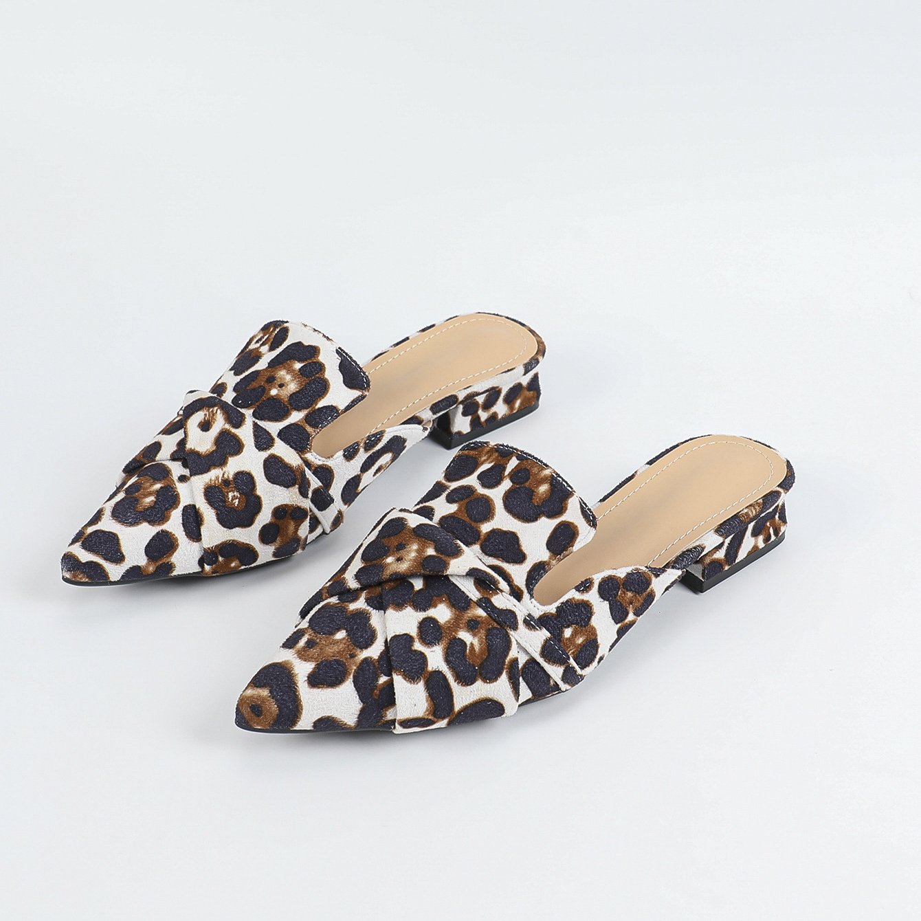 Alexis Leopard Mules in Cream — pleated toe detail close-up