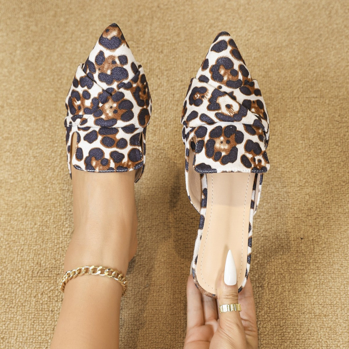 Alexis Leopard Mules in Cream — soft suede pointed-toe backless mule