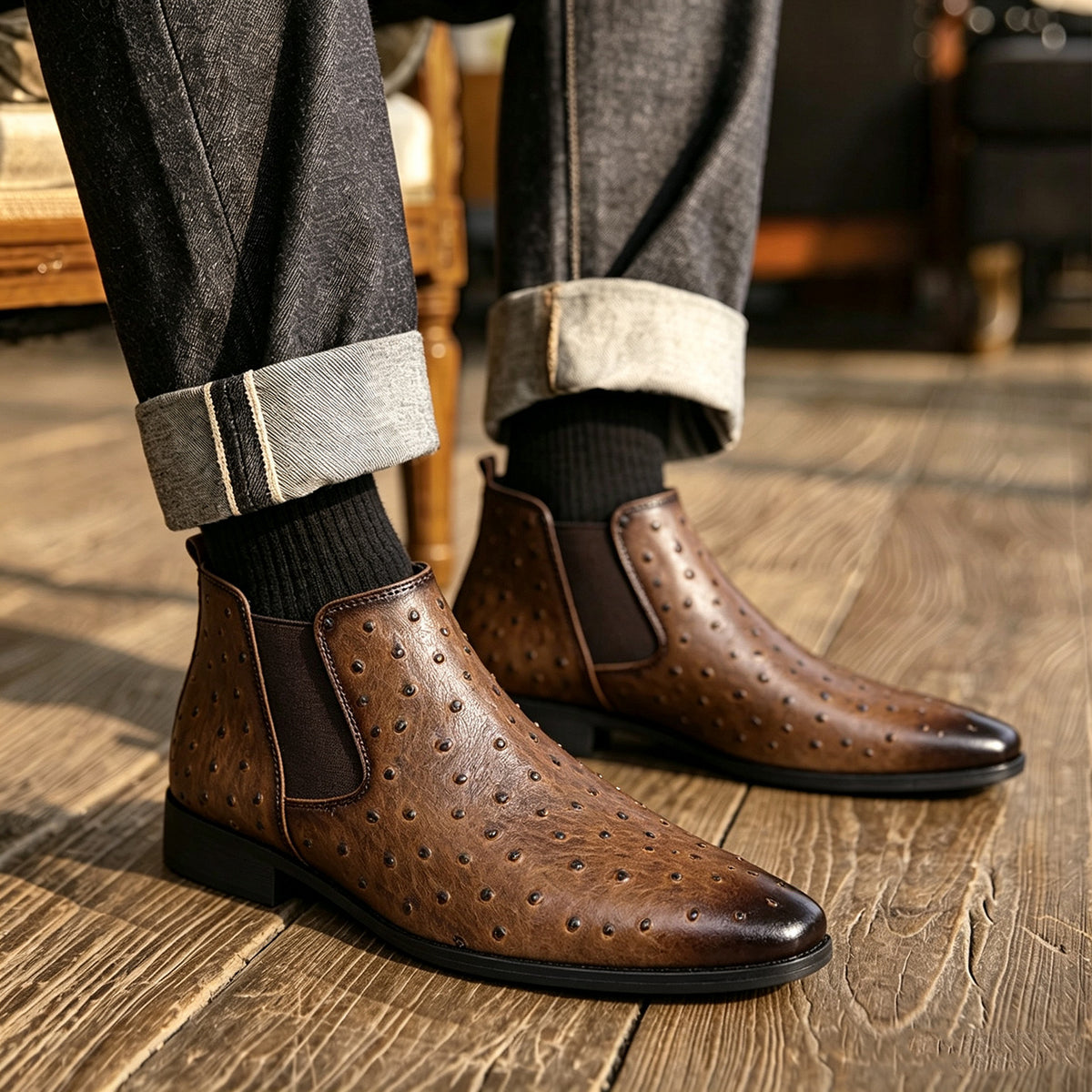 Grant Chelsea Boots in Brown — worn with cuffed denim