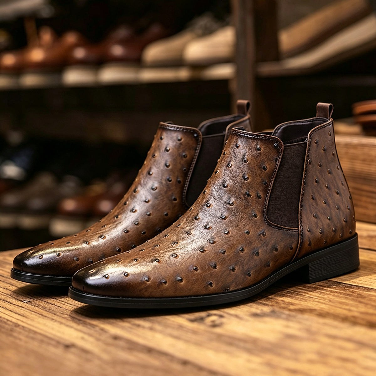Grant Chelsea Boots in Brown — ostrich-textured leather Chelsea boots with elastic sides